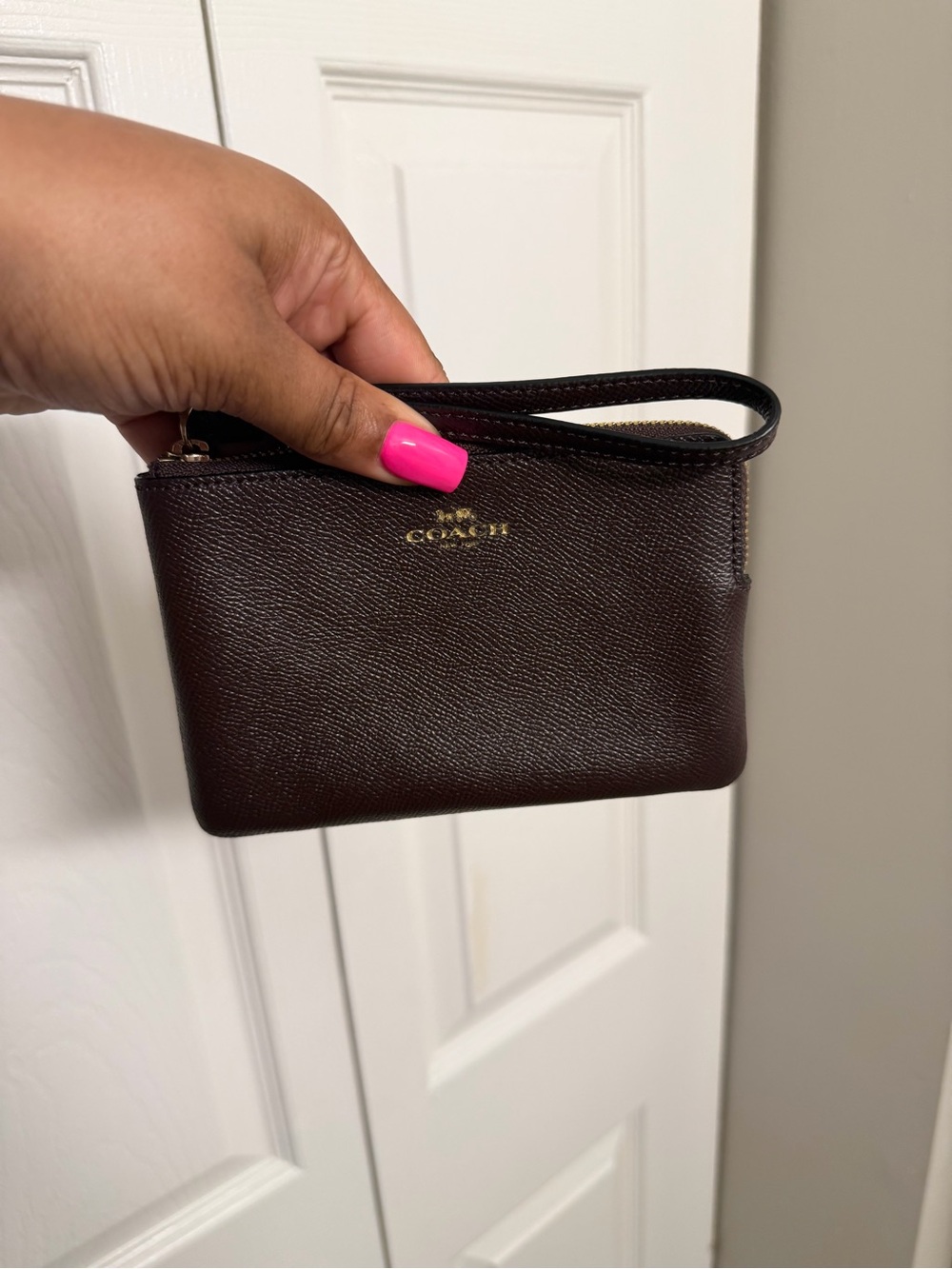 Coach Dark Plum/Purple Leather Wristlet with Gold Logo